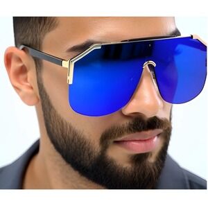 Shield Sunglasses Blue Mirrored Lens Gold Trim‎ Fashion Visor Men Glasses Gafas